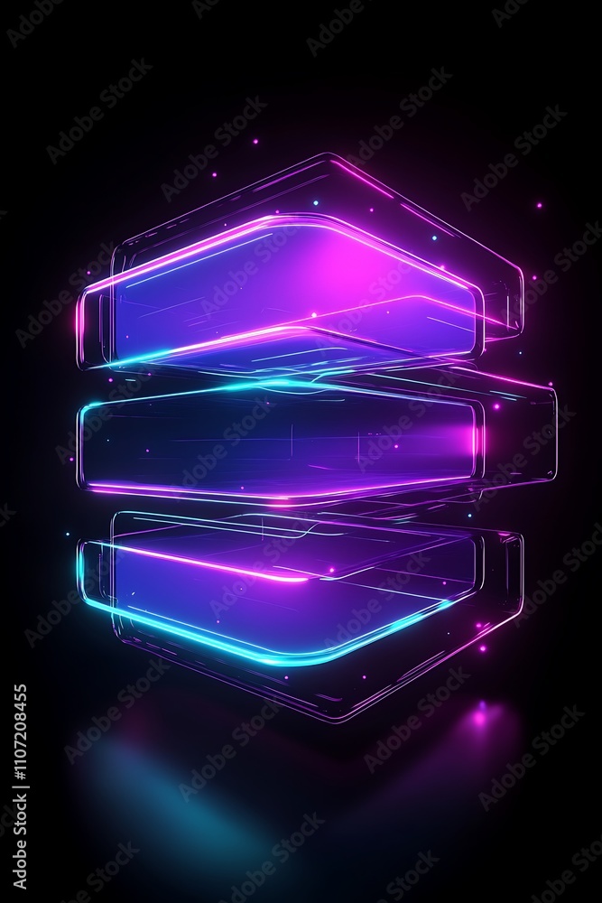 Poster futuristic abstract 3d shapes with neon glow in gradient colors on dark background