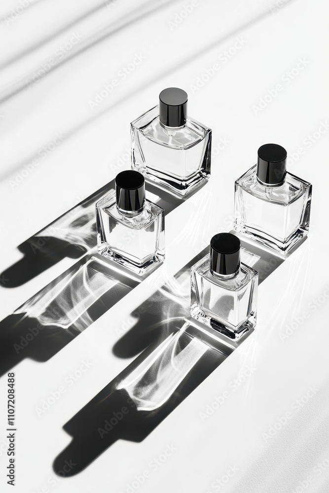 Poster Elegant Transparent Perfume Bottles Displayed with Stunning Shadows and Reflections on White Background