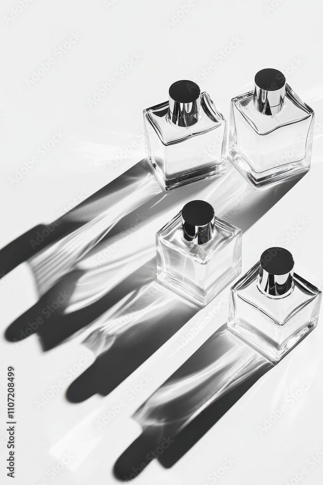 Poster elegantly styled minimalist perfume bottles casting dynamic shadows in fashionable display