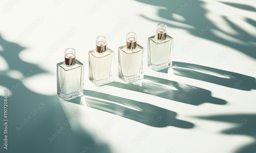 Poster elegantly arranged perfume bottles casting intriguing shadows in minimalist setting with subtle ligh