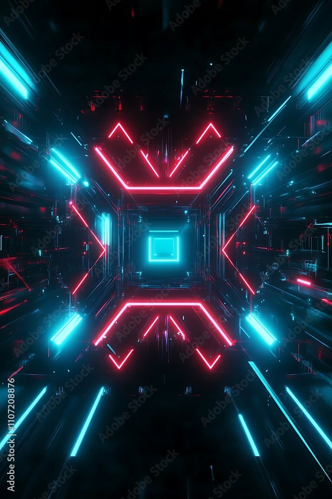 Poster futuristic abstract background with blue and red neon lights in a dynamic 3d tunnel