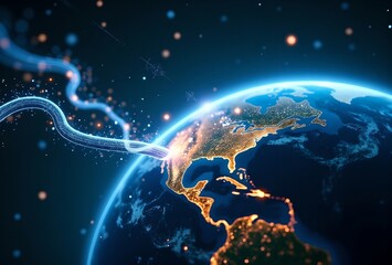 A huge glowing internet cable stretching across the globe like a magical thread sparkling with energy
