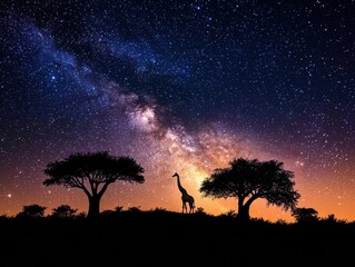 Nighttime Beauty Giraffe Under Stars in African Savannah Landscape