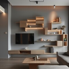 Modern living room with a grey wall. wooden shelves. and a TV