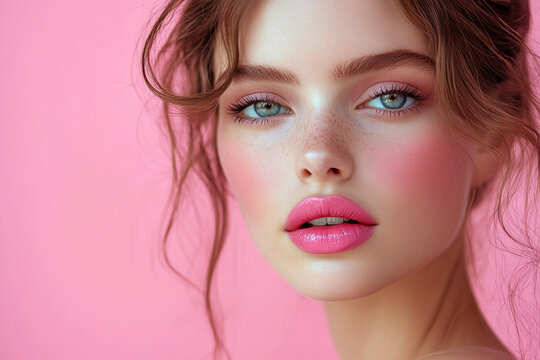 Beautiful young woman with pink lipstick on pink background. Close-up.