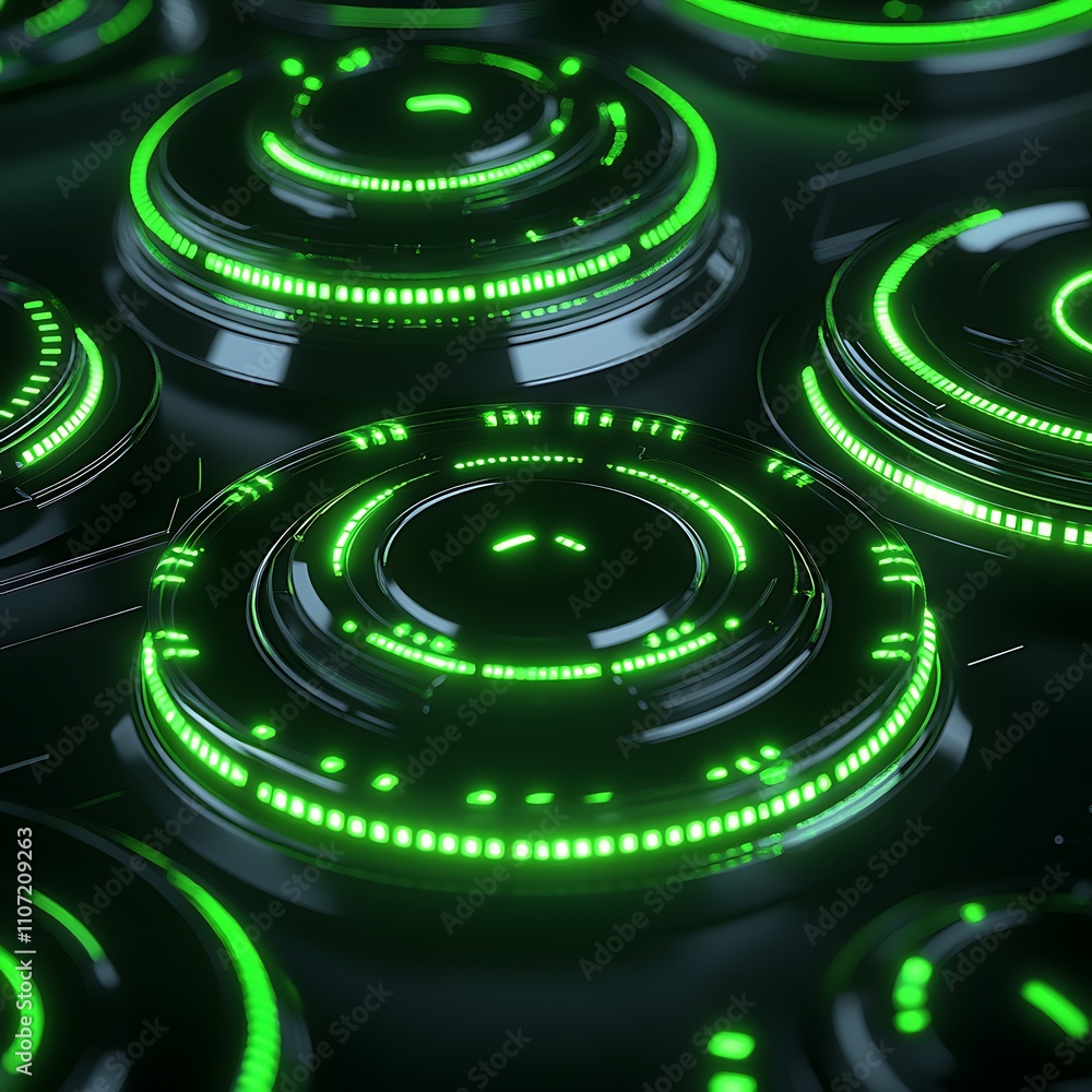 Poster futuristic abstract background with glowing green circular patterns and glossy surface texture