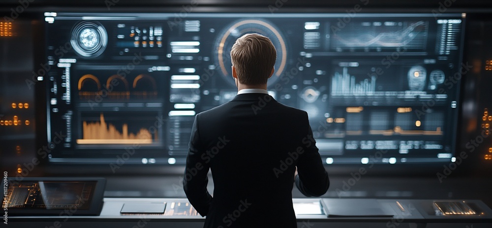 Poster A person in a suit analyzing data on a high-tech display screen.