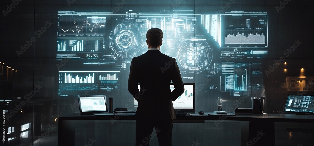Poster A person analyzing data in a high-tech office environment.