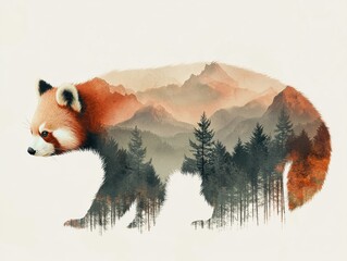 Obraz premium Nature Art Red Panda with Bamboo and Mountains in Tranquil Scene