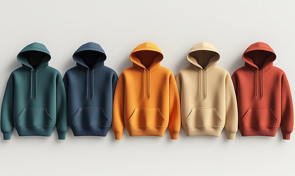 Five Hoodies in Assorted Colors Arranged in a Row