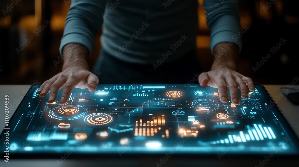 Poster A person interacting with a futuristic touchscreen interface displaying data.