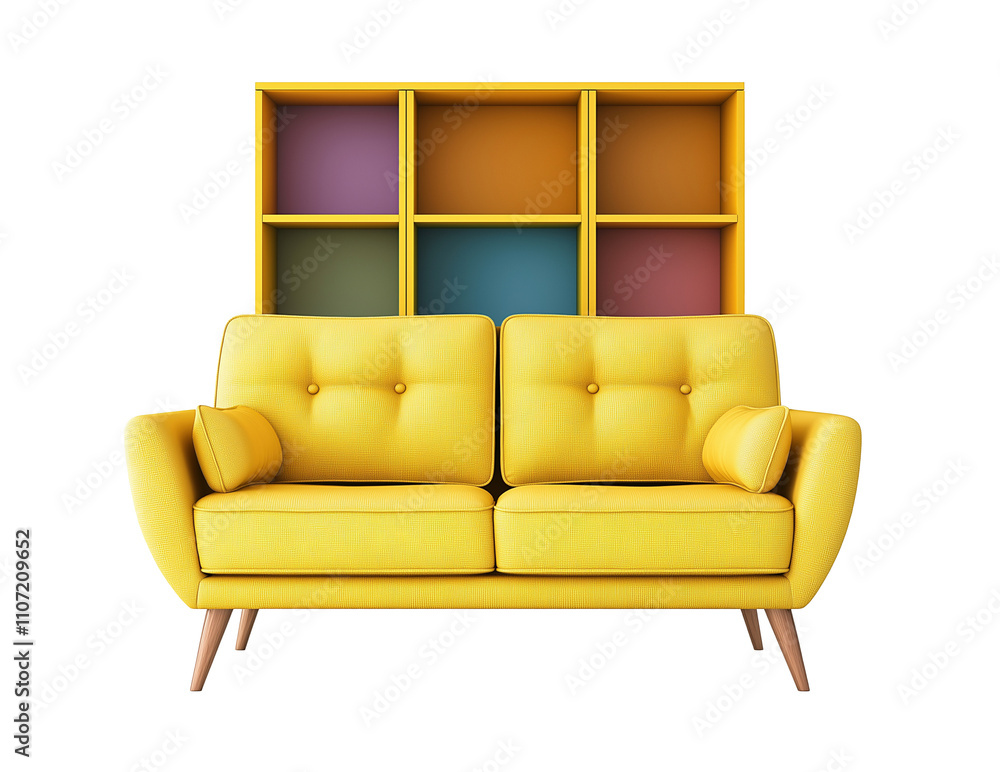 Poster tufted yellow sofa with vibrant cube-style bookshelf image isolated transparent, ai generated. cozy 