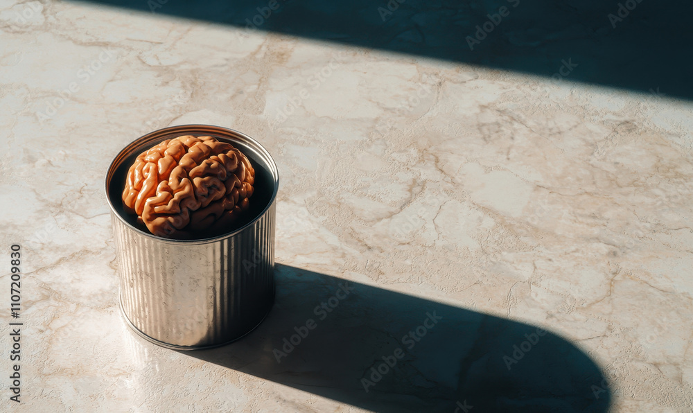 Poster surreal image of a brain inside a can on marble: exploring ideas of cognition and perception