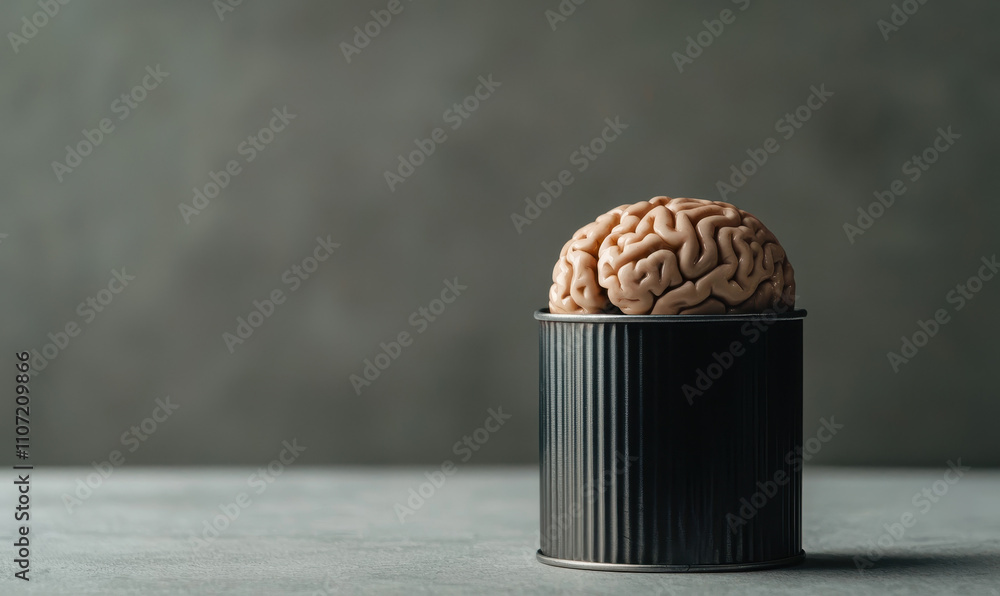 Poster conceptual image of brain in can - surreal symbol of creativity, cognition, and imaginative thought 
