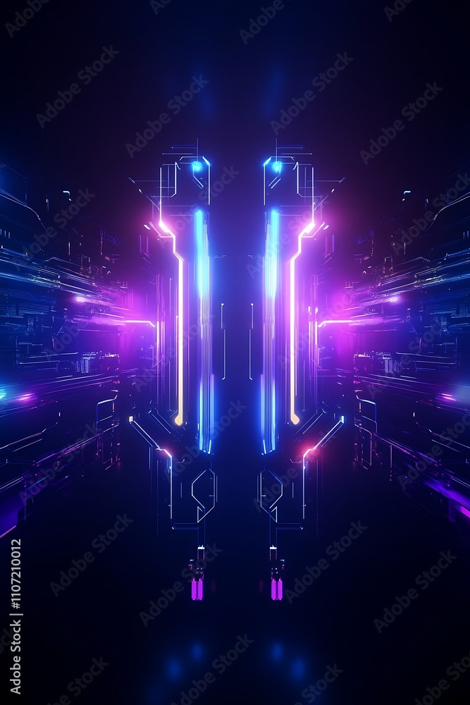 Poster futuristic abstract background with neon lights and glowing patterns in dark environment