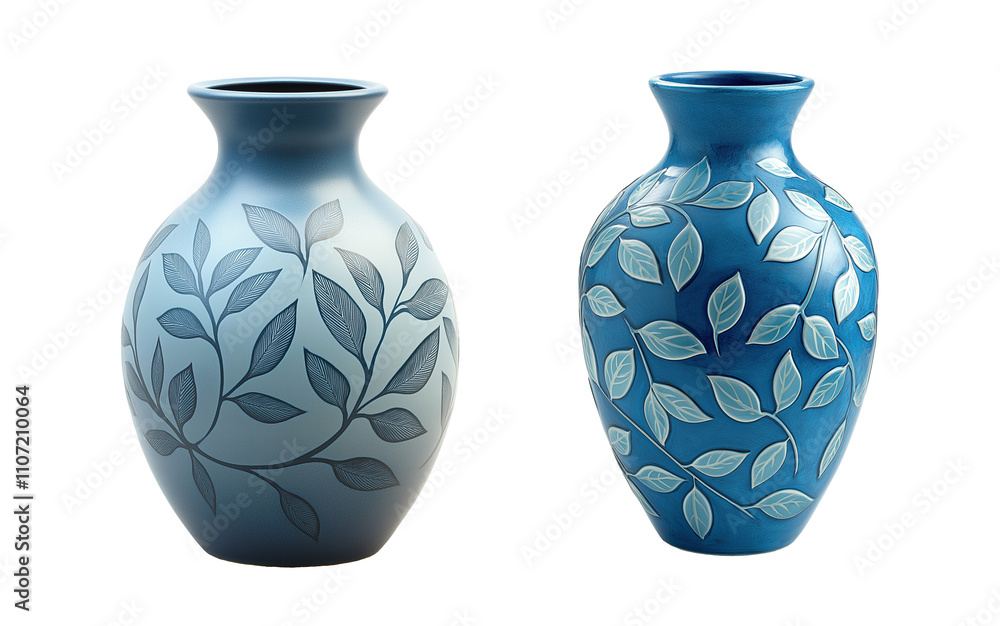 Poster decorative blue vases with intricate leaf patterns image isolated transparent, ai generated. nature-
