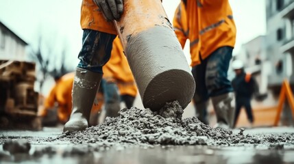 Close-up of construction workers pouring wet concrete on a building site, wearing orange safety jackets and rubber boots, emphasizing teamwork and construction process.