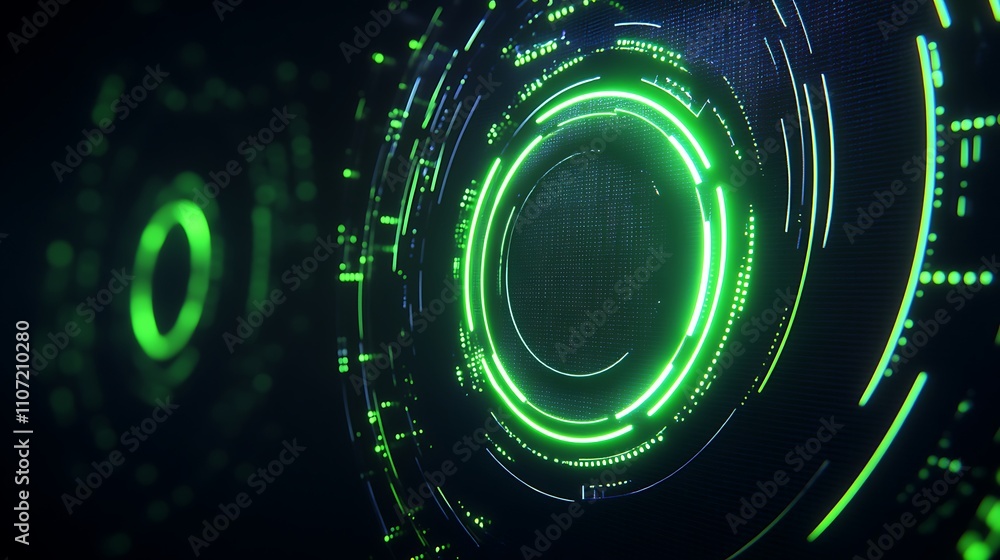 Poster futuristic abstract circles with bright green lights and digital patterns in dark background