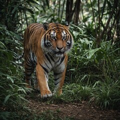 A tiger prowling in the jungle.


