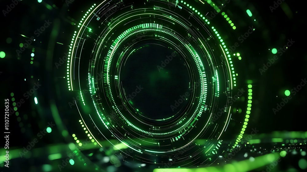 Poster futuristic abstract circular pattern with neon green lights and glowing dots on dark background