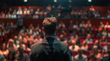 People in audience at the conference hall, and rear view speaker giving a talk