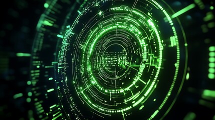 Fototapeta premium Futuristic Abstract Circular Pattern with Green Lights and Data Visualization Elements in a Dark Background