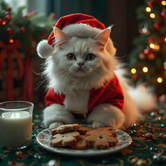 Cute fluffy kitten in a red hat with milk amd cookies near the Christmas tree.