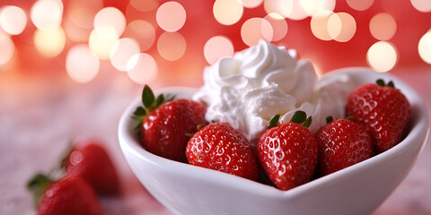 Fresh Strawberries with Whipped Cream in Heart Bowl