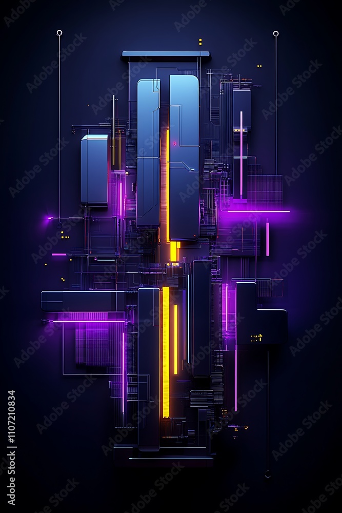 Aufkleber futuristic abstract composition with neon light elements and geometric shapes in dark background