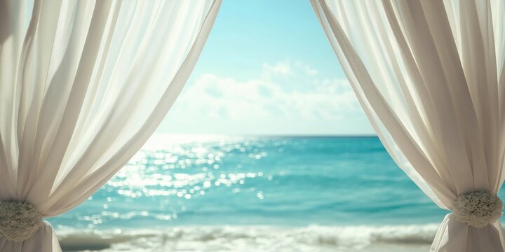 Serene beach view through curtains on a sunny day