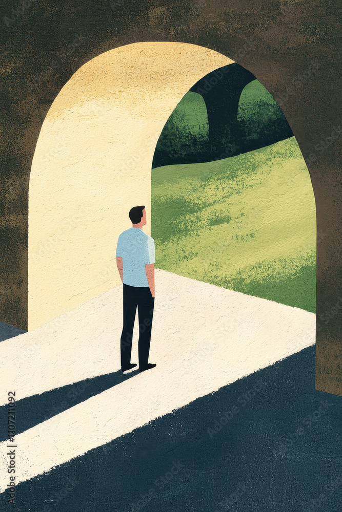 Poster exploring the journey of self-reflection and growth through a luminous archway symbolizing transitio