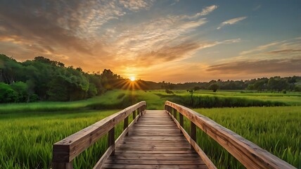 Fototapeta premium A serene wooden bridge over a lush green landscape at sunset.