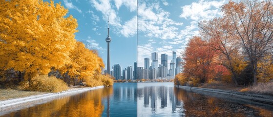 Vibrant Seasonal Changes in Urban Skyline Nature's Panoramic Transformation