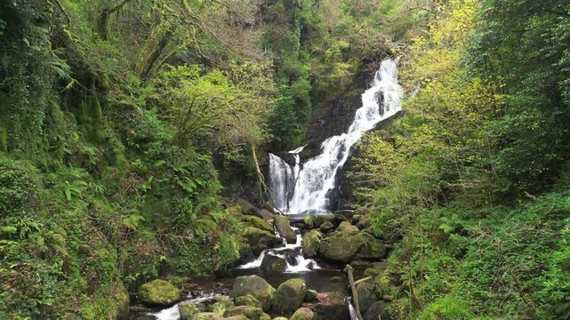 Torc waterfall in the forest of county Kerry Ireland, wider drone aerial flying forward