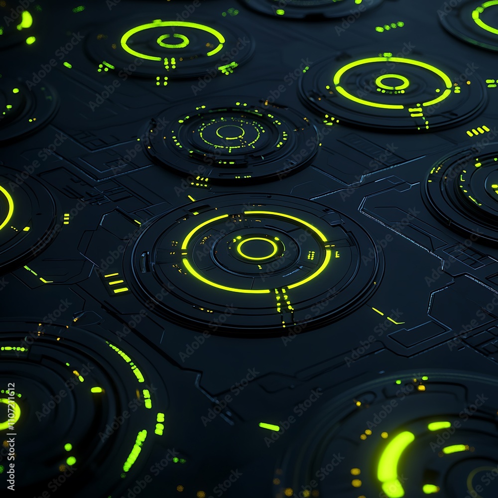 Poster futuristic abstract design with circular patterns and neon green glow on dark background