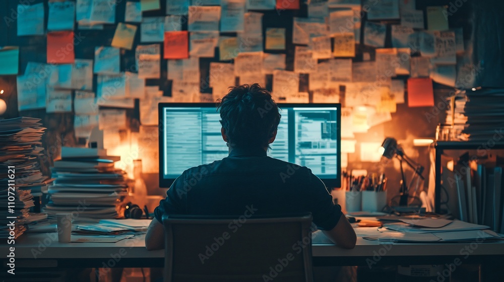 Poster A person working late at a desk surrounded by notes and a glowing screen.
