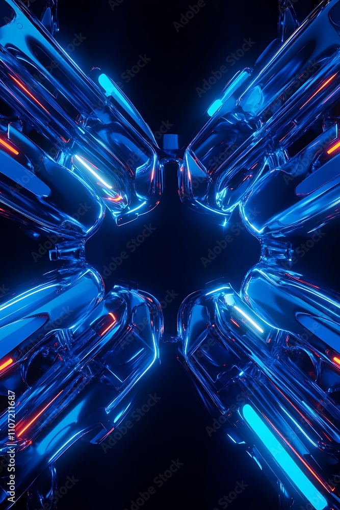 Poster futuristic abstract design with glowing blue and red lines in symmetrical arrangement of metallic sh