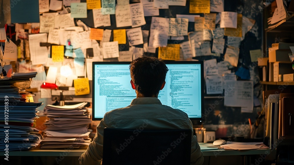 Poster A person working late at a cluttered desk with a computer screen.