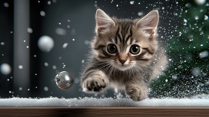 Kitten chasing a jingling bell across a snowy windowsill