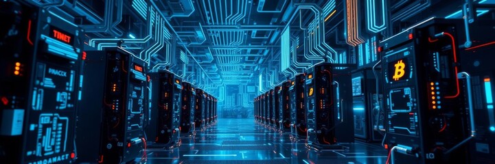 Abstract image illustrating the process of bitcoin mining using advanced technology such as AI, blockchain, and cryptography, security, blockchain