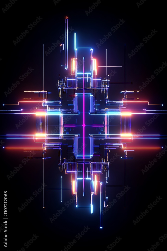 Poster futuristic abstract design with vibrant neon lights and geometric patterns on dark background
