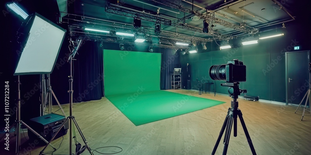 Poster a well-equipped professional photo studio with a spacious layout, featuring softbox lights and a lar