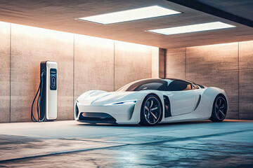 Futuristic electric car in a modern garage next to an electric car charger