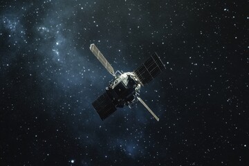 A satellite drifts through the vast and dark expanse of space