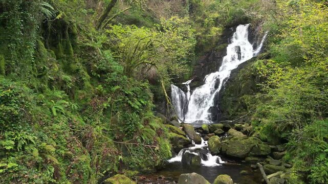 Torc waterfall drone aerial reveal in the forest in Autumn, county Kerry Ireland