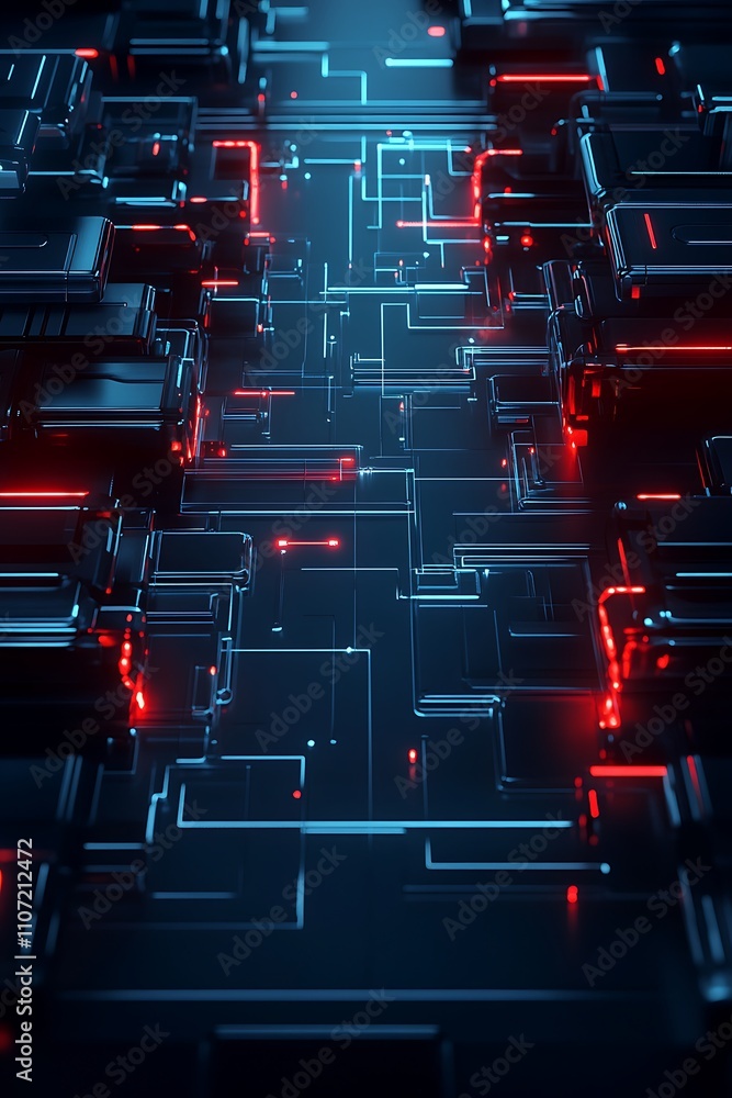 Poster futuristic abstract digital circuit background with glowing lines and geometric shapes in vibrant co