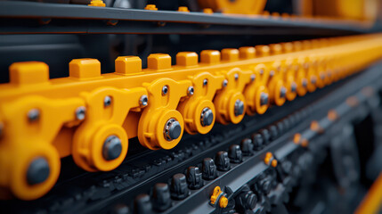 Close up of bright yellow construction machinery components, showcasing details