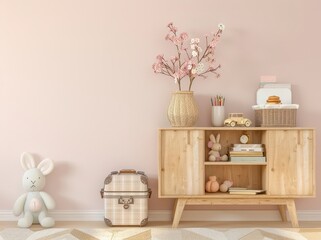 A pink-walled room with a wooden cabinet. a rug. a vintage suitcase. a toy bunny. and a vase of pink flowers