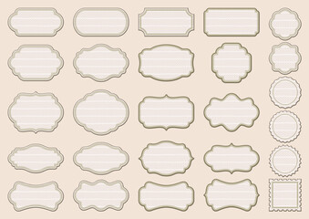 Obraz premium Label frames with ornamental edges, pale beige striped and polka dot texture. Vintage large collection of different stickers, isolated on a beige background. Vector big set for invitation and signage