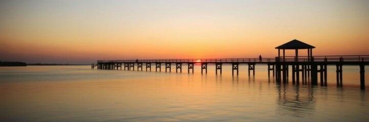 Obraz premium An idyllic pier over serene waters at sunset with warm toned sky reflections, peaceful, idyllic